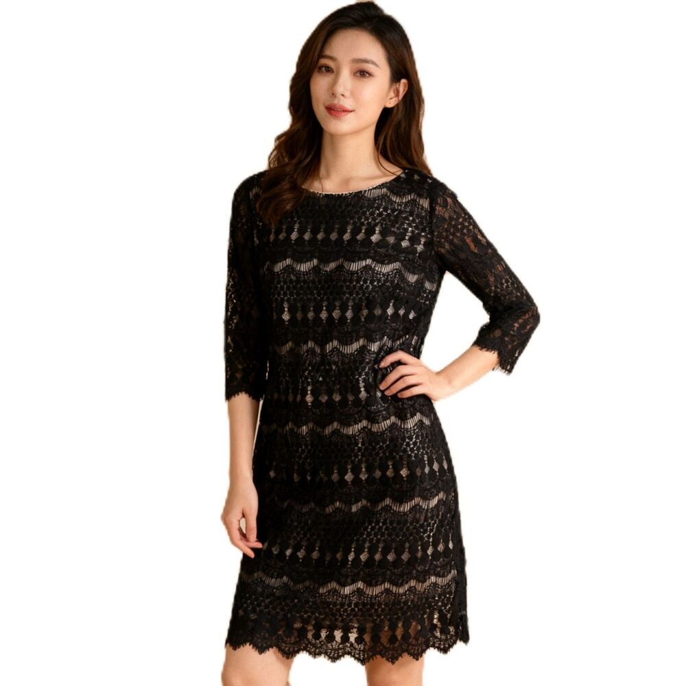 Crochet Floral Lace Sheath Dress 3/4 Sleeve Size 12 Chic Whimsey Goth